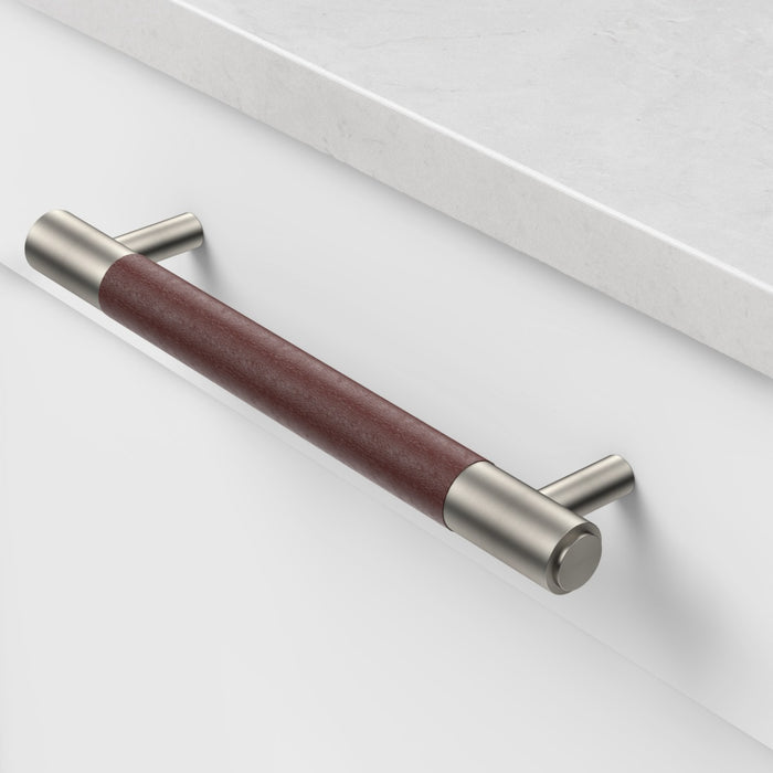 Silver Brass Leather Cabinet Handles in Brown – product view 2