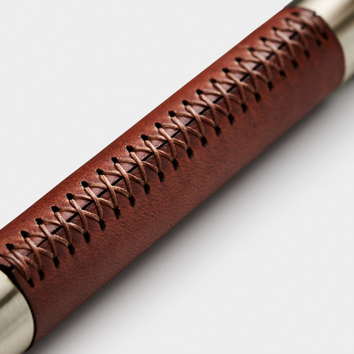 Silver Brass Leather Cabinet Handles in Brown – close-up detail