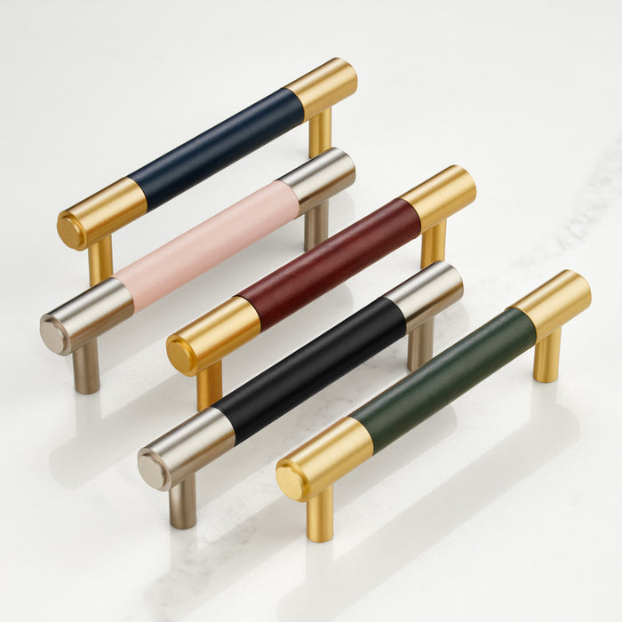 Gold Brass Leather Cabinet Handles in Black – product view 7