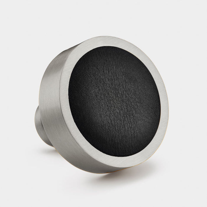 Silver & Leather Round Door Knobs in Black