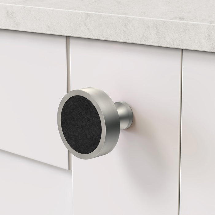 Silver & Leather Round Door Knobs in Black – product view 3