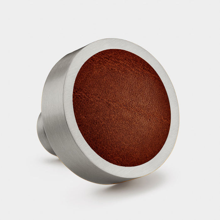 Silver & Leather Round Door Knobs in Brown