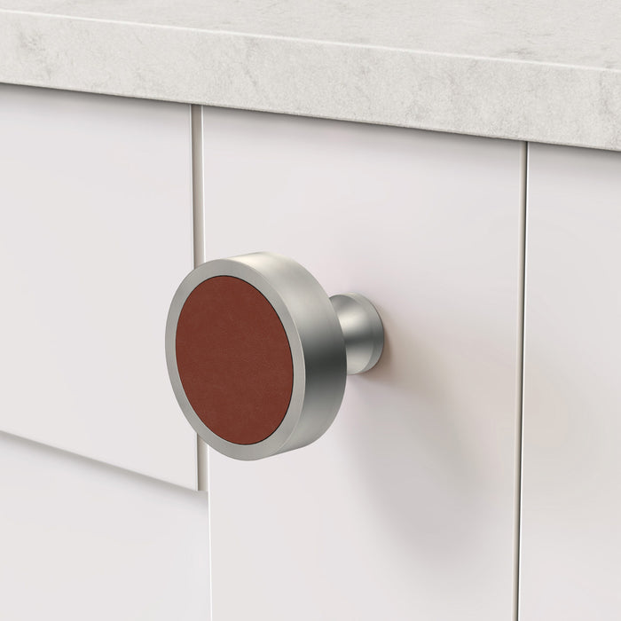Silver & Leather Round Door Knobs in Brown – product view 3