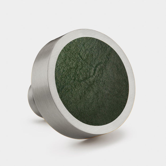 Silver & Leather Round Door Knobs in Green