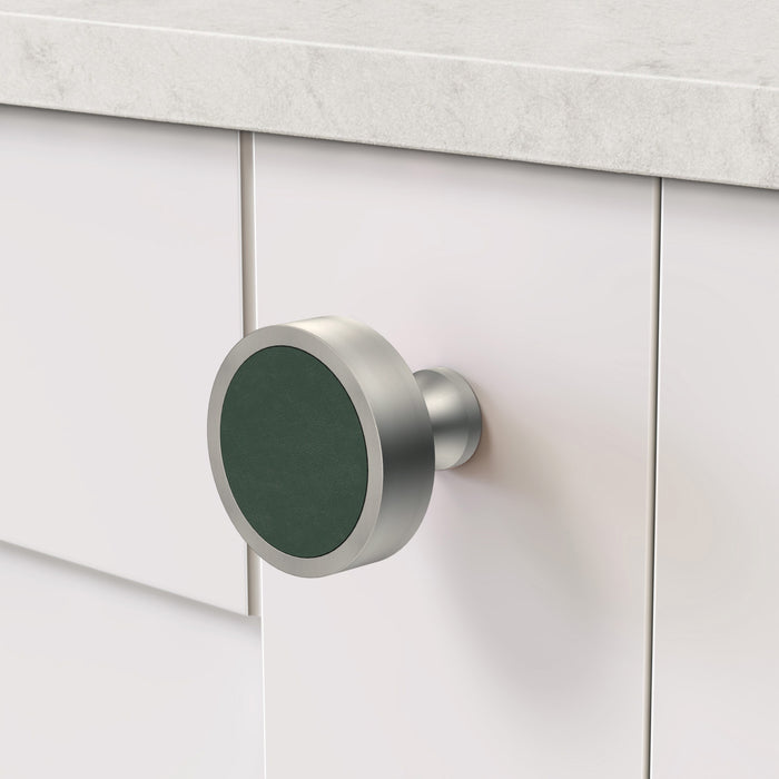 Silver & Leather Round Door Knobs in Green – product view 3