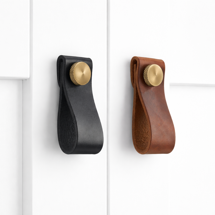 Small Leather Cabinet Drop Pulls with Brass Studs – installed view