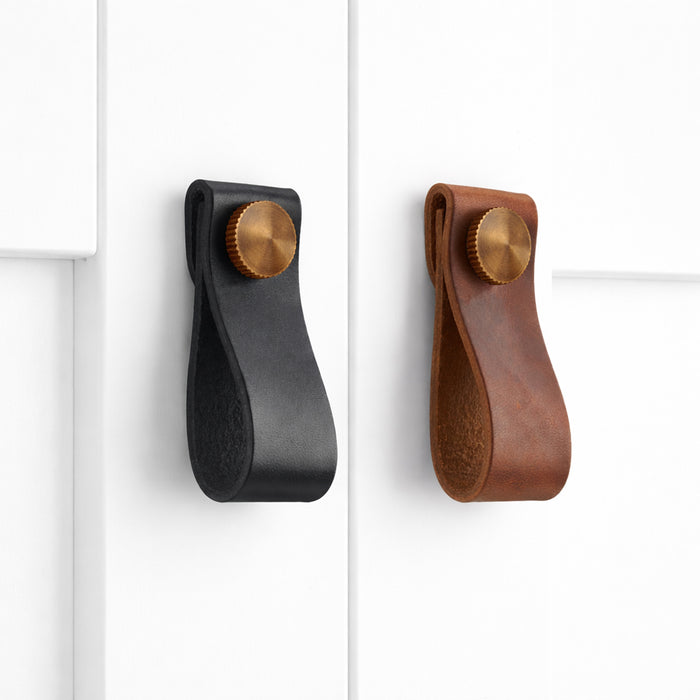 Small Leather Cabinet Drop Pulls with Brass Studs – installed view