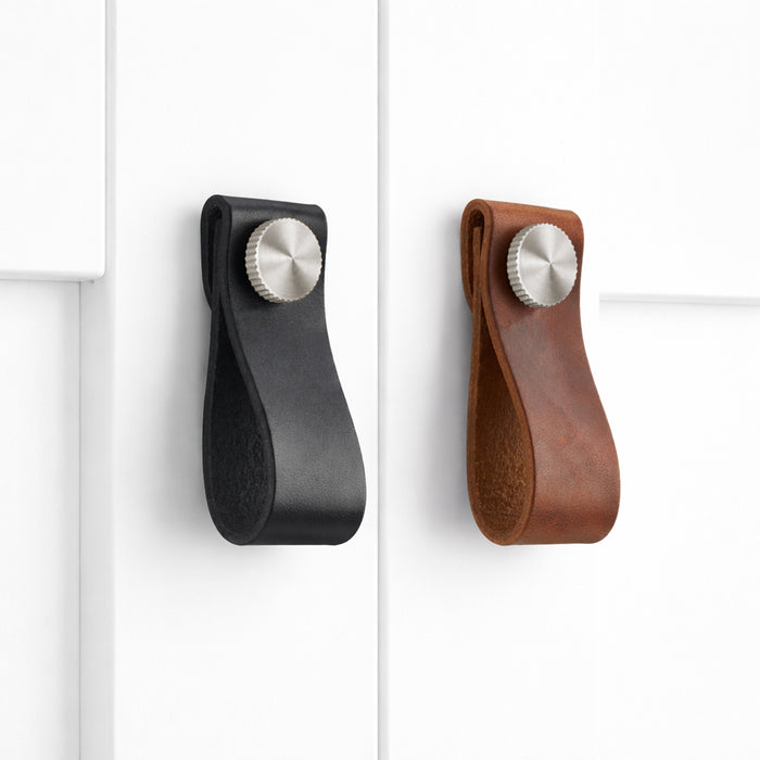 Small Leather Cabinet Drop Pulls with Brass Studs – installed view