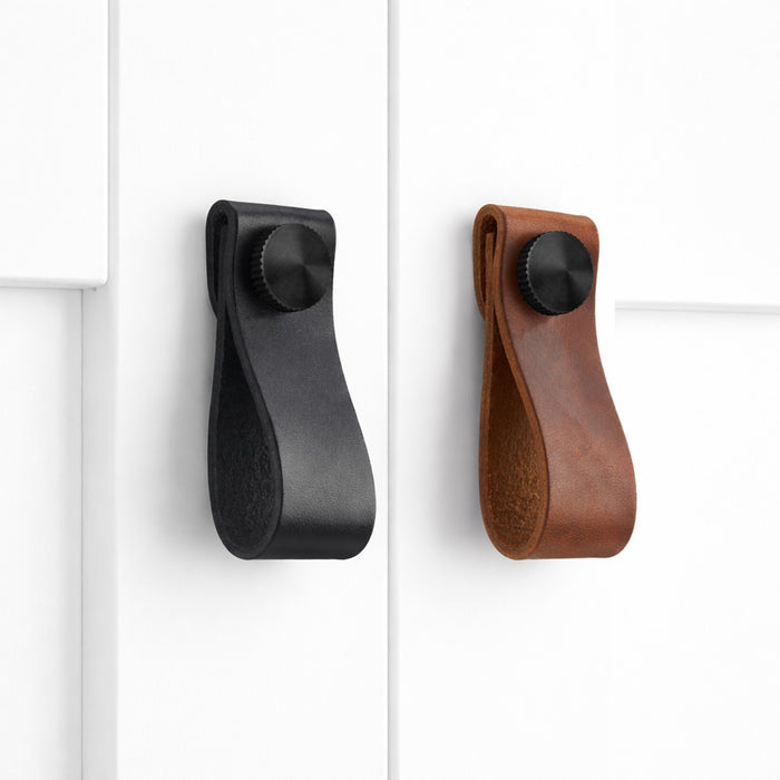 Small Leather Cabinet Drop Pulls with Brass Studs – installed view