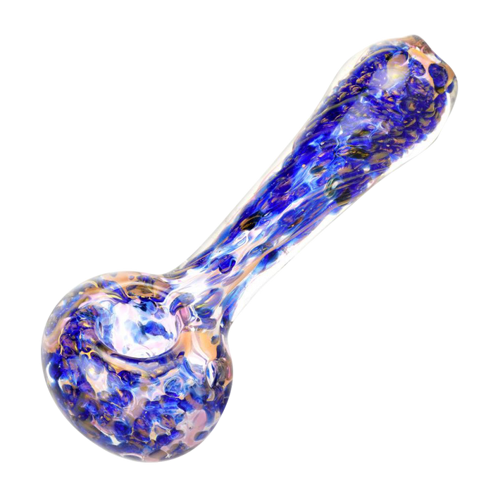 A side view of the Blue & Gold Fumed Swirl Spoon Pipe, showing its colorful, swirling glass design.