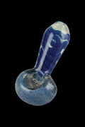 Angled close-up of the Smoke Cartel Frit & Cord Worked Spoon Hand Pipe showing blue frit texture in the bowl and corded deep-blue handle against a black background