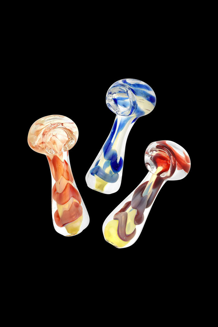 A detailed side view of the Fumed Jumbo Swirl Spoon Pipe, showcasing the swirling blue and clear glass design.