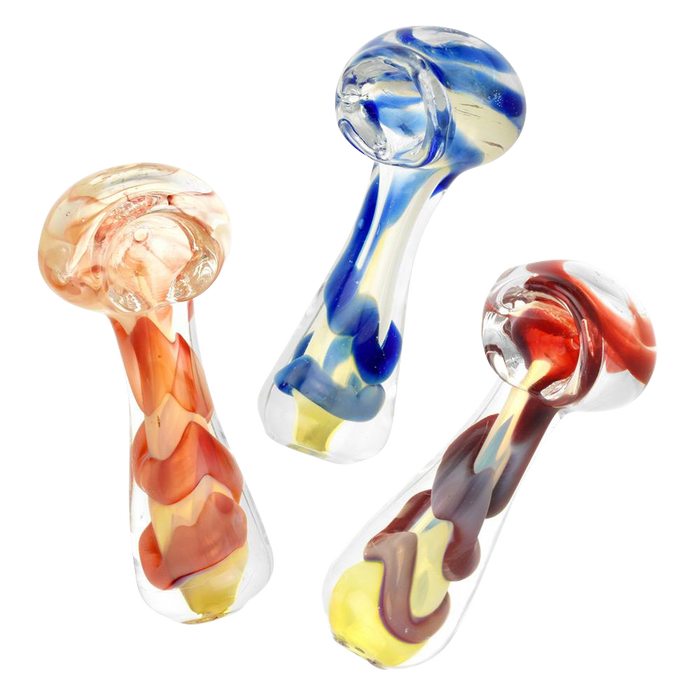 A slightly angled view of the Fumed Jumbo Swirl Spoon Pipe, showcasing its colorful, swirling glass pattern against a plain white background.