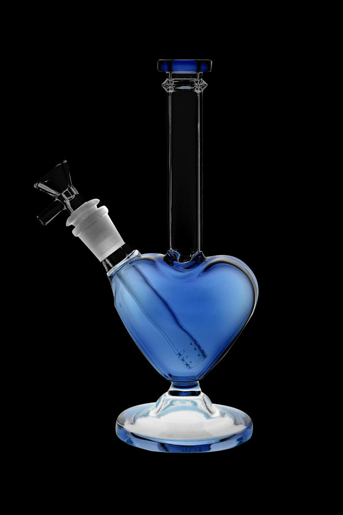 A three-quarter view of the Heart Shaped Glass Bong, showcasing its blue glass construction and unique form.