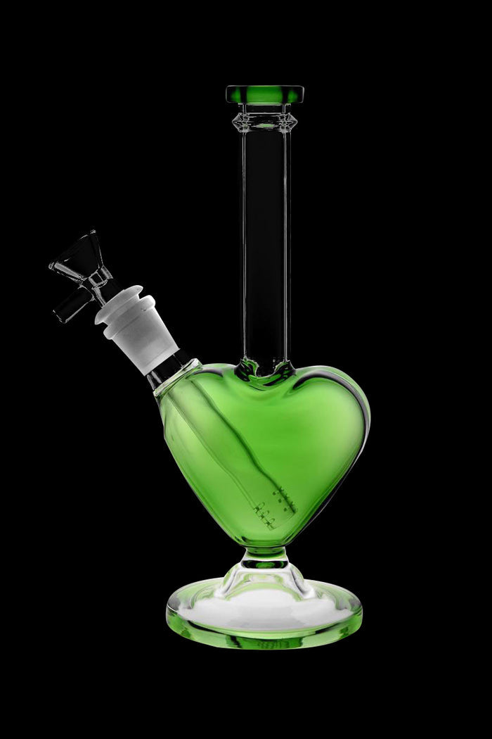 Front view of the Heart Shaped Glass Bong, a clear glass piece with a unique heart-shaped base and smooth neck.