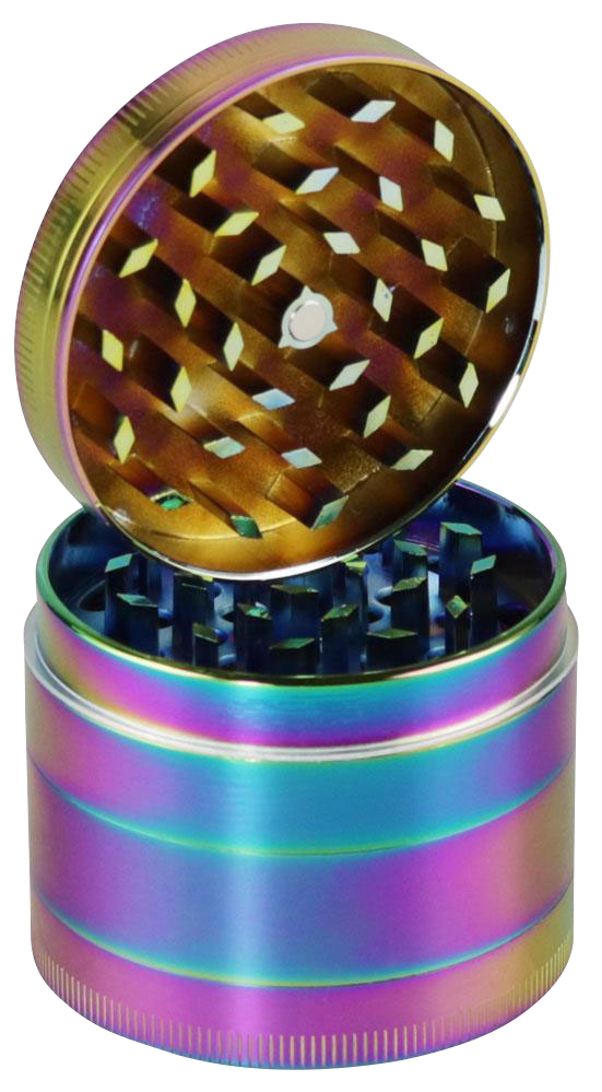 The open Medium 2.5" Anodized Zinc Chameleon 4-Piece Grinder reveals a multi-layered interior from a slightly angled, top-down view.