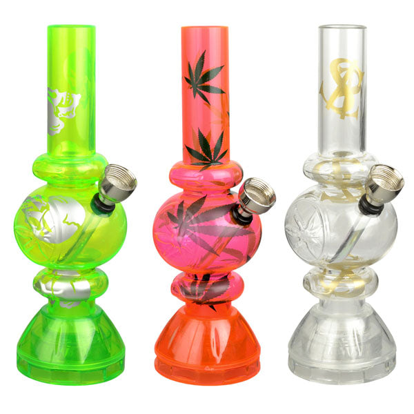 Front view of the Mini Acrylic Bubble Water Pipe with Grinder Base, showing a clear, small water pipe with a rounded base and transparent acrylic construction.