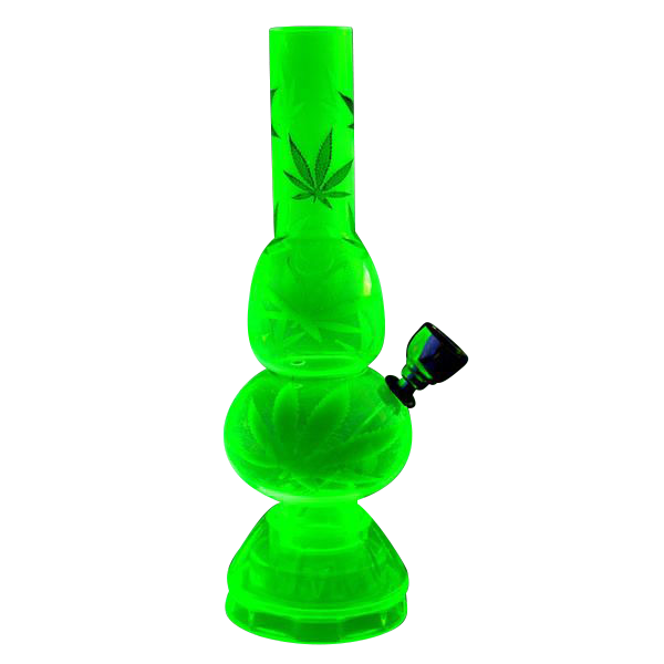 Front view of the Mini Acrylic Double Bubble Water Pipe with Built in Grinder Base, a small, green acrylic water pipe with a double-bubble design.