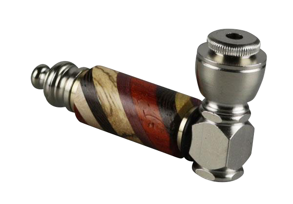 A close-up, angled view of the Rainbow Wood & Stainless Steel Hand Pipe, showing a textured wooden body with a metallic mouthpiece.