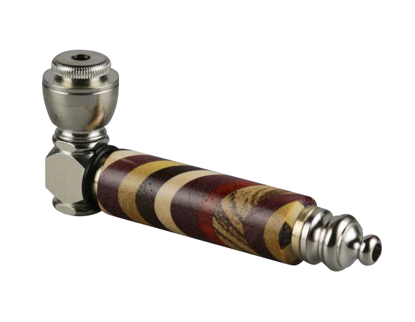 A close-up side view of the Rainbow Wood & Stainless Steel Hand Pipe, showing its detailed wooden and metal construction.