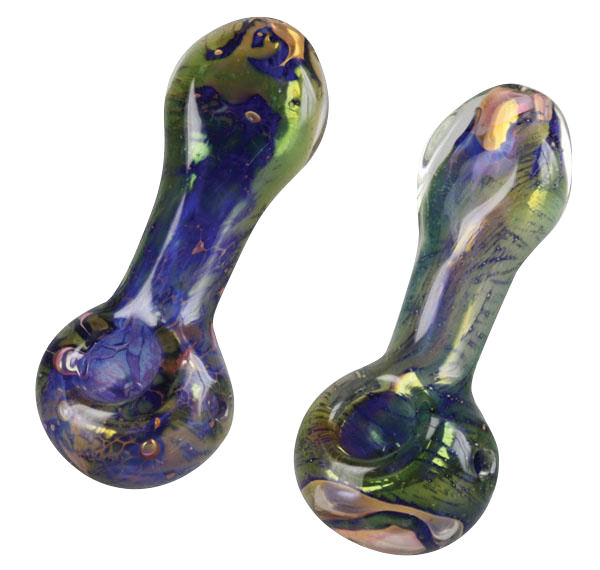A close-up, angled view of the Spattered Fumed Hand Pipe, showcasing its speckled glass finish and curved form.