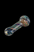 A three-quarter view of the Spiral Fumed Dicro Glass Hand Pipe with a spiraling, iridescent design against a dark background.
