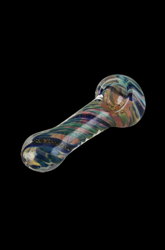 A three-quarter view of the Spiral Fumed Dicro Glass Hand Pipe with a spiraling, iridescent design against a dark background.