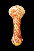 Centered front view of the Worked Swirl Spoon Pipe - Gilbert showing yellow glass with red swirled ribbons against a black background