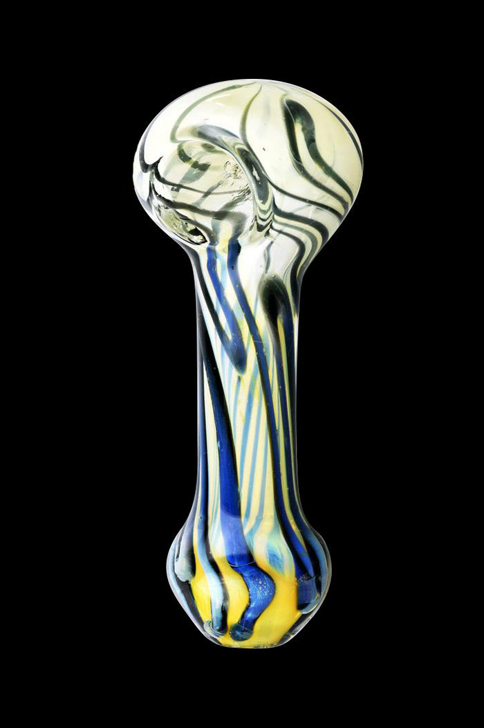 Centered front view of the Worked Swirl Spoon Pipe - Gilbert showing its elongated glass body with blue, yellow, and black swirls against a black background