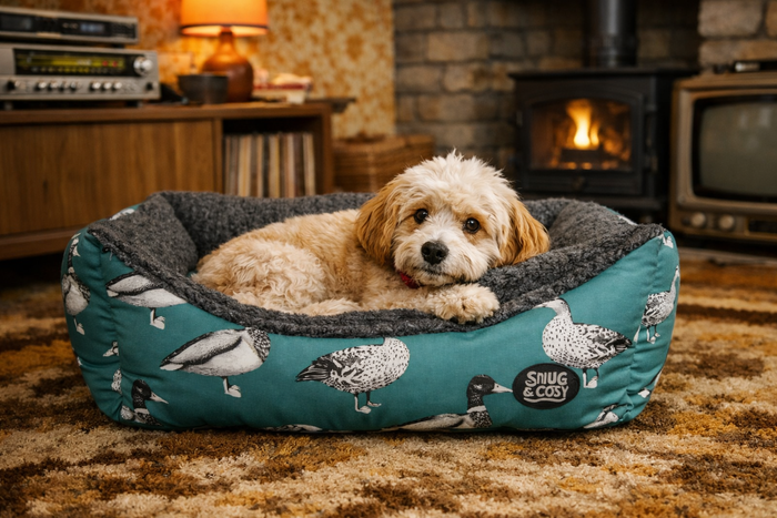 Teal Duck Print Dog Bed - Nature Collection Rectangle with Virgin Fibre for Ultimate Comfort - Pet Beds for dogs Snug and Cosy Pets