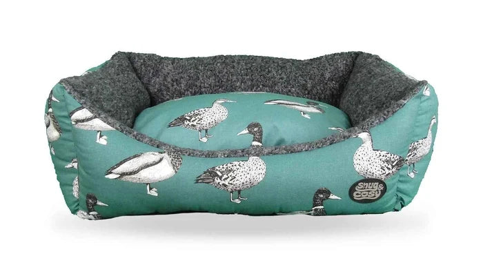 Teal Duck Print Dog Bed - Nature Collection Rectangle with Virgin Fibre for Ultimate Comfort - Pet Beds for dogs Snug and Cosy Pets