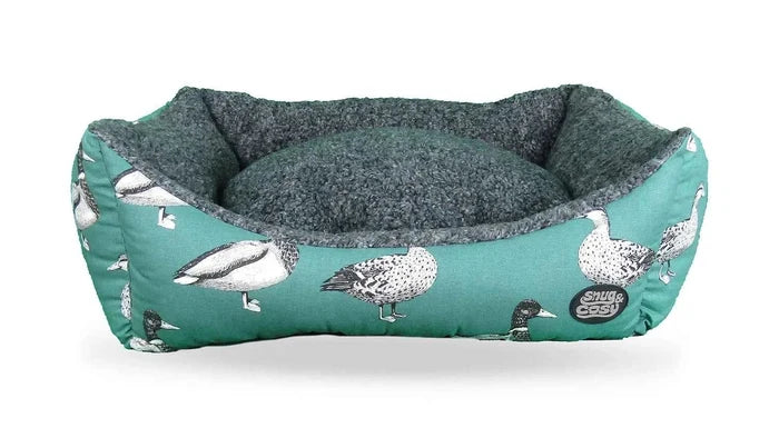 Teal Duck Print Dog Bed - Nature Collection Rectangle with Virgin Fibre for Ultimate Comfort - Pet Beds for dogs Snug and Cosy Pets