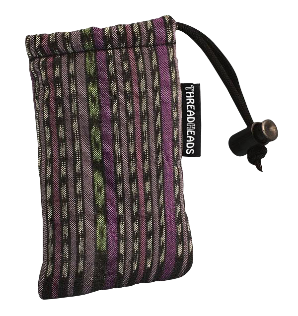 Front view of the ThreadHeads Drawstring Padded Pouch, featuring a patterned fabric and black drawstring.