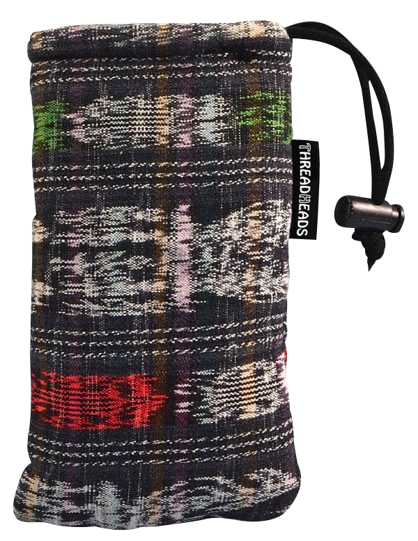Front view of the ThreadHeads Drawstring Padded Pouch, showing a colorful patterned fabric with a drawstring closure.