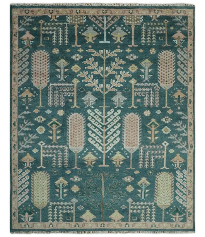 Tree of life Teal, Peach and Olive Hand Knotted Traditional Oushak Custom Made wool area Rug - The Rug Decor