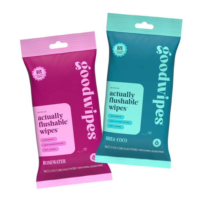 2 travel pack of goodwipes flushable wipes - 1 rosewater pack and 1 shea-coco pack