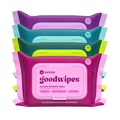 Stack of colorful 'goodwipes' packaging on a white background