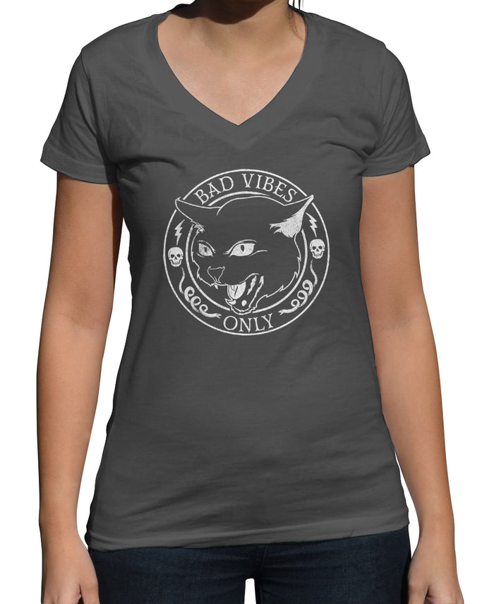 Women's Bad Vibes Only Vneck T-Shirt - Goth Shirt - Black Cat Shirt