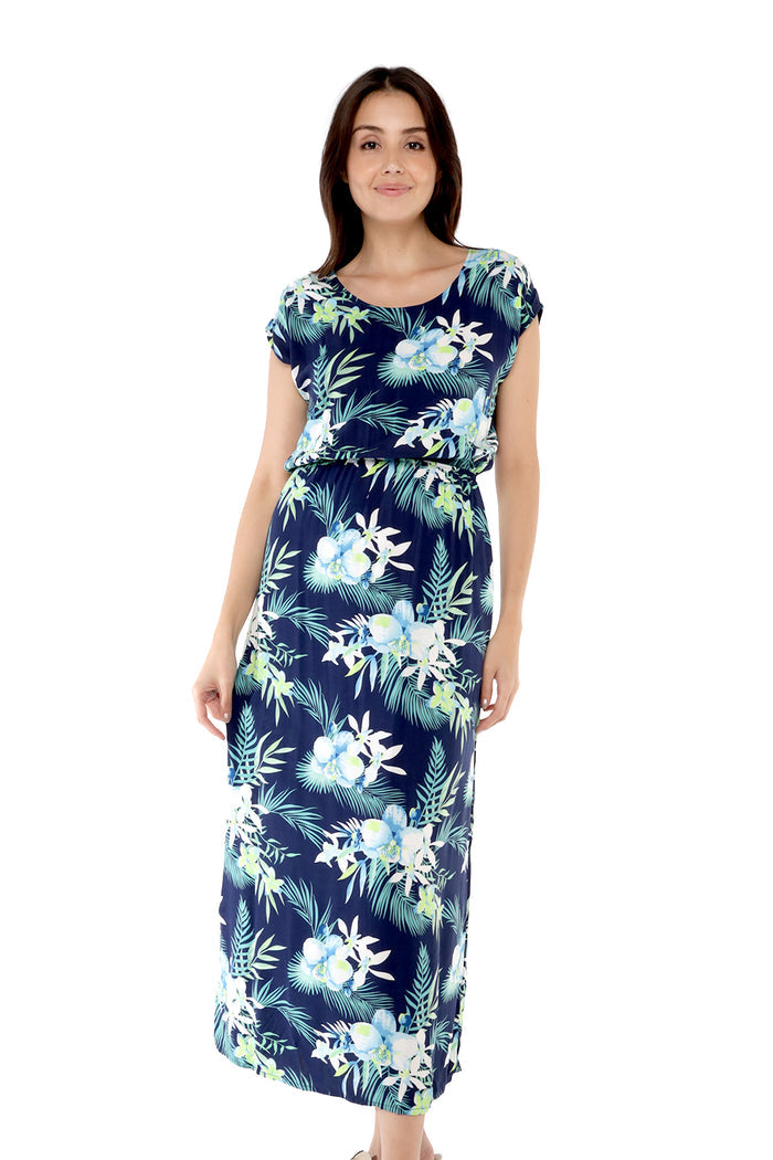 Women's Cap Sleeve Maxi Simple Dress in Orchid Breeze Navy
