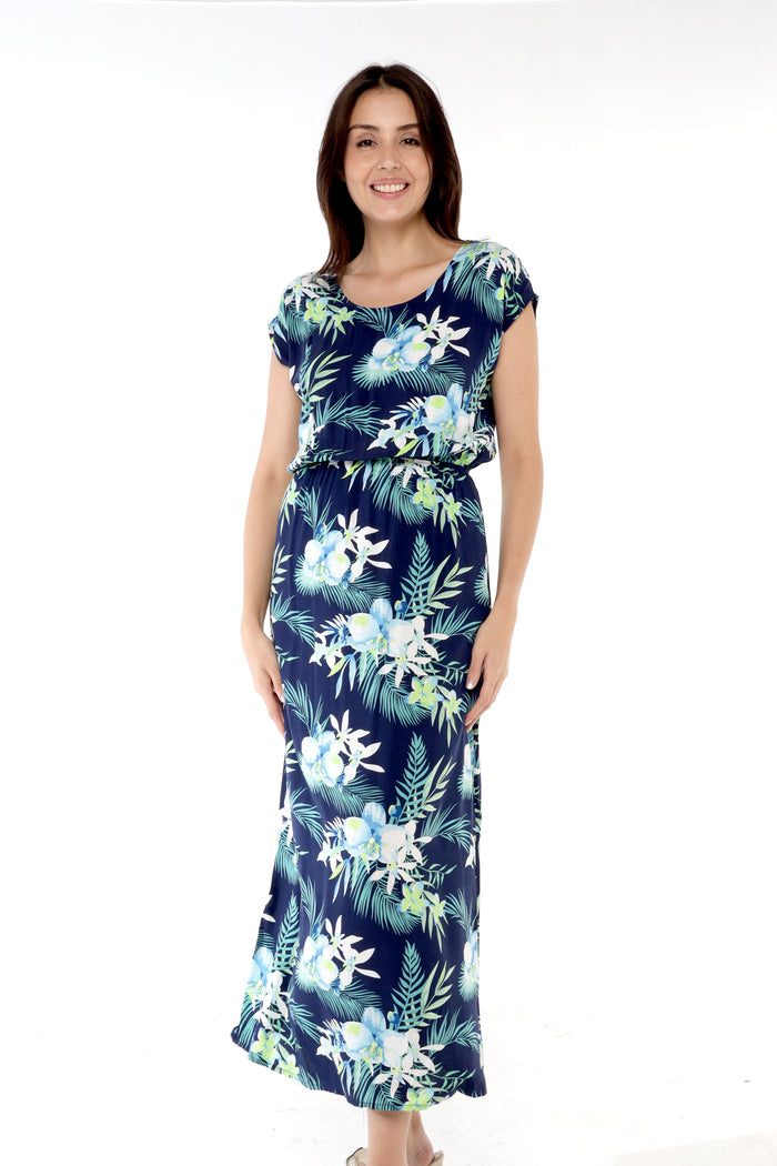 Women's Cap Sleeve Maxi Simple Dress in Orchid Breeze Navy