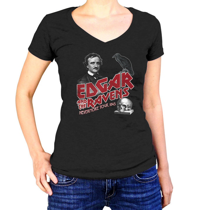 Women's Edgar and the Ravens Nevermore Tour Vneck T-Shirt - Edgar Allan Poe
