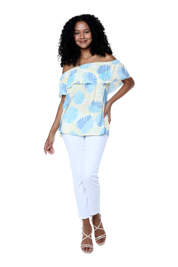 Women's Off the Shoulder Top in Pacific Palm Leaves Cream