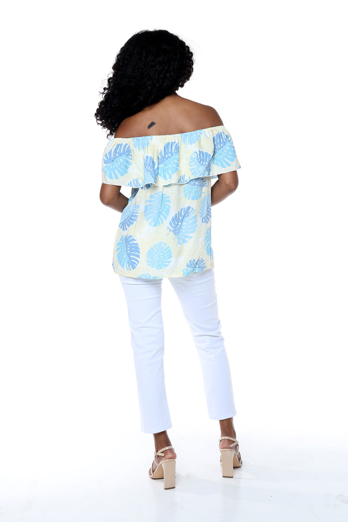 Women's Off the Shoulder Top in Pacific Palm Leaves Cream