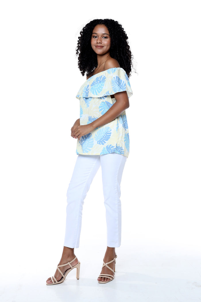 Women's Off the Shoulder Top in Pacific Palm Leaves Cream
