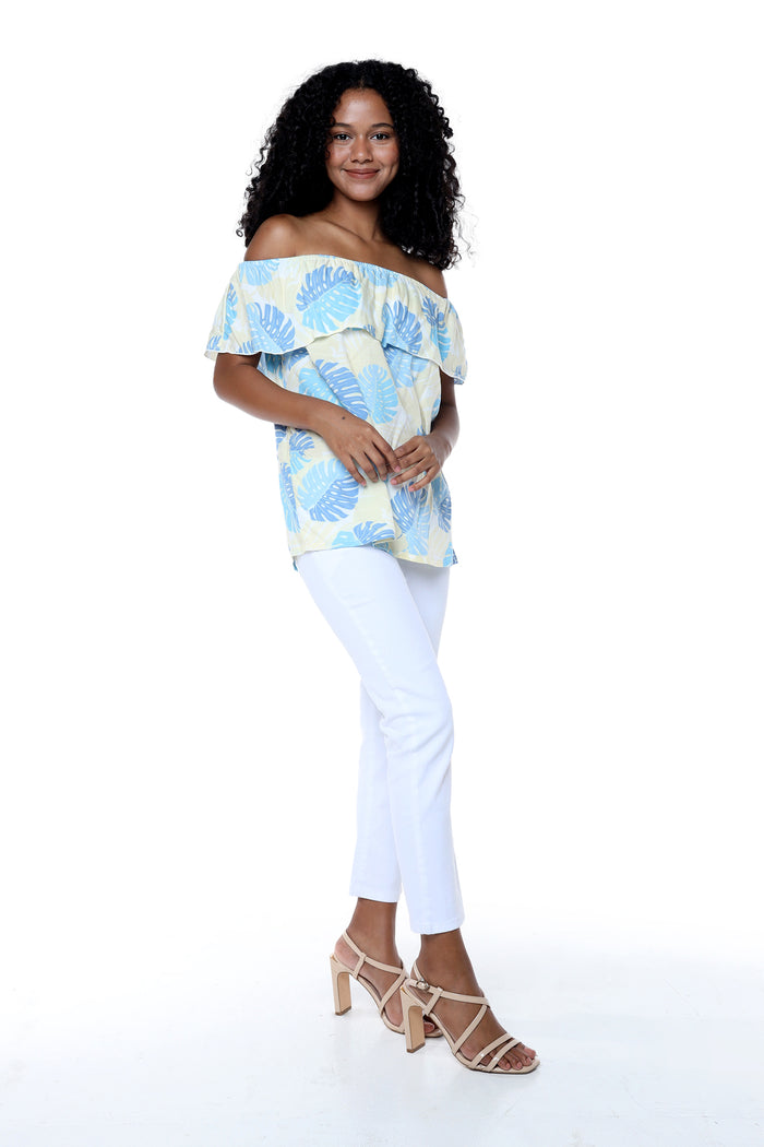 Women's Off the Shoulder Top in Pacific Palm Leaves Cream