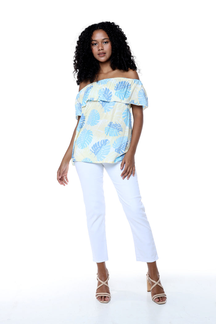 Women's Off the Shoulder Top in Pacific Palm Leaves Cream