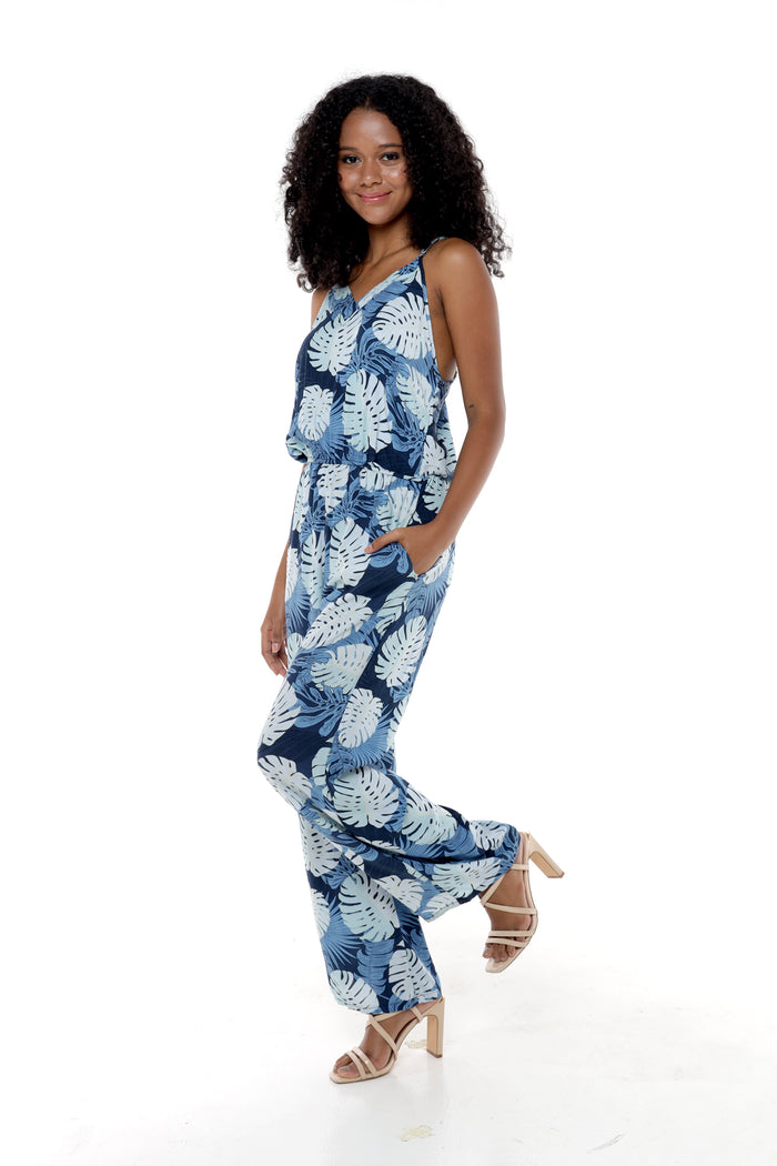 Women's Strappy V-Neck Jumpsuit with pockets in Pacific Palm Leaves Navy