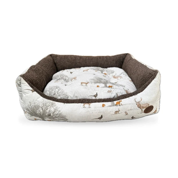 Woodland Rectangle Dog Pet Bed - Reversible Cream Nature Print - Dog Bed for dogs Snug and Cosy Pets