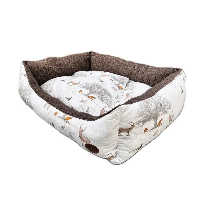 Woodland Rectangle Dog Pet Bed - Reversible Cream Nature Print - Dog Bed for dogs Snug and Cosy Pets