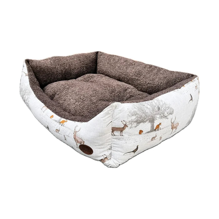 Woodland Rectangle Dog Pet Bed - Reversible Cream Nature Print - Dog Bed for dogs Snug and Cosy Pets